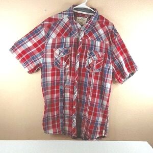 BKE Plaid Vintage Western 1967 Shotsleeve Shirt.Red White Blue. XL Athletic Fit